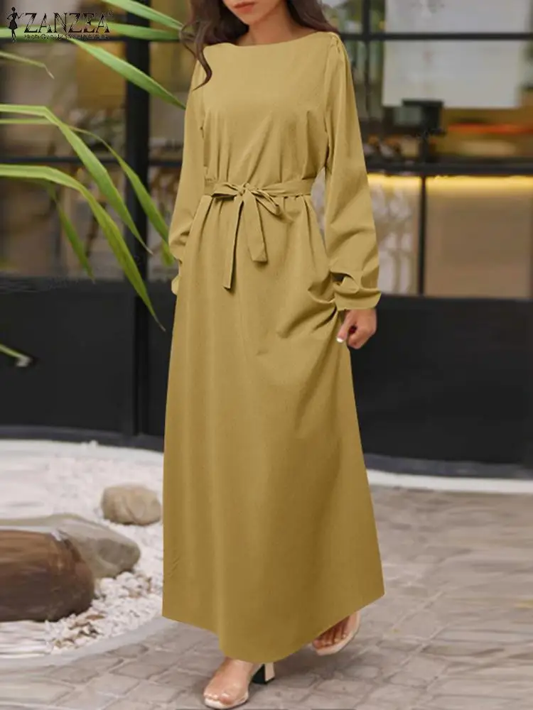 

ZANZEA Elegant Maxi Long Dress Women O-neck Belted Vestidos Oversized Long Sleeve Autumn Robe Holiday Casual Solid Color Dresses