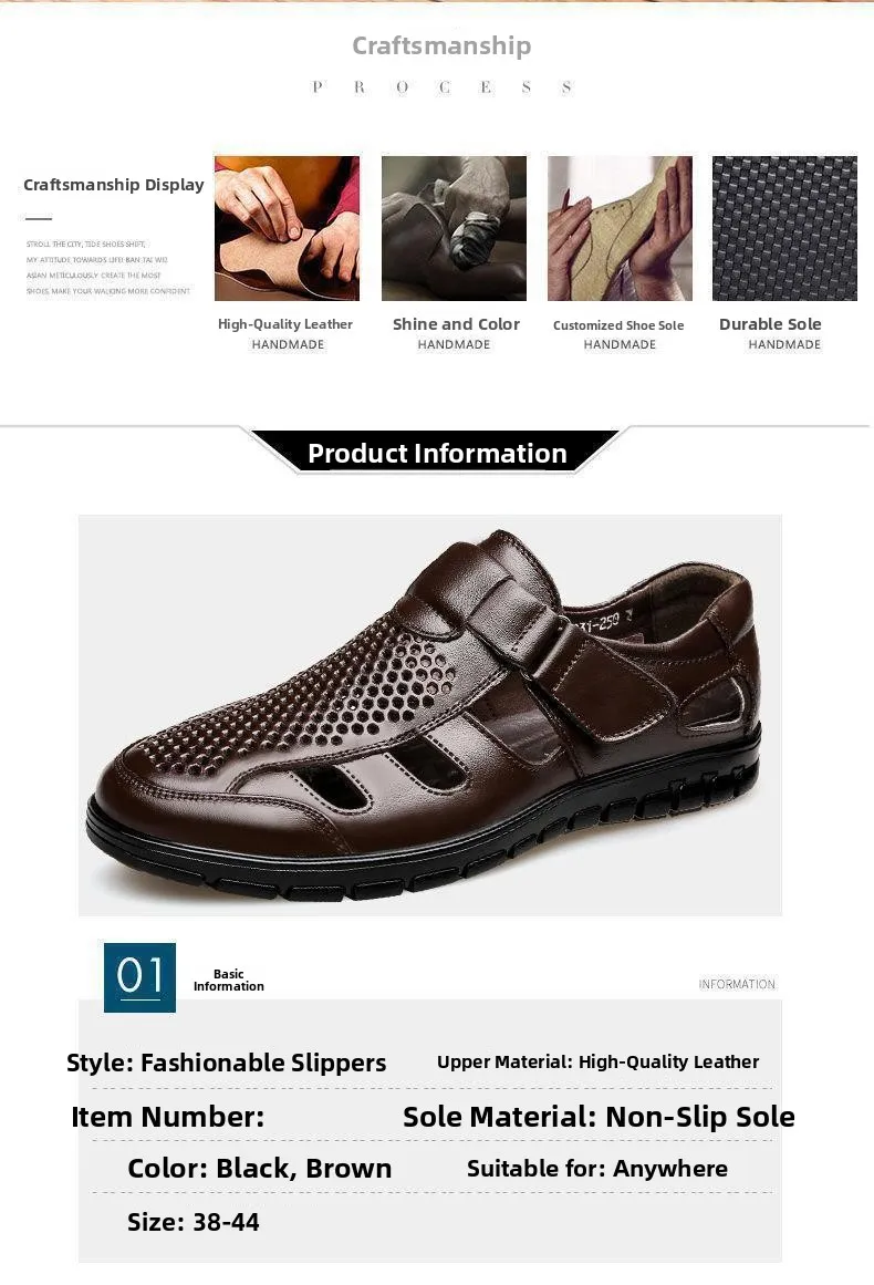 Men's premium leather hollow out summer sandals with Velcro straps.