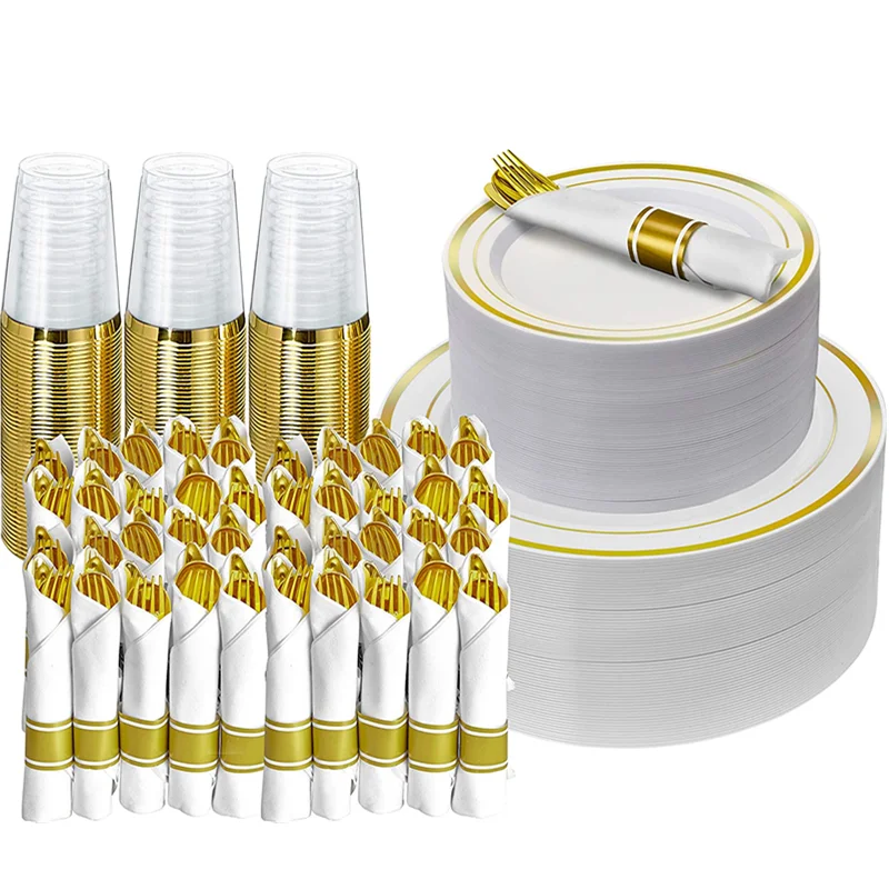 

50 People Disposable Tableware White Plastic Tray With Gold Rim Golden Plastic Cup Napkin Combo Wedding Party Supplies