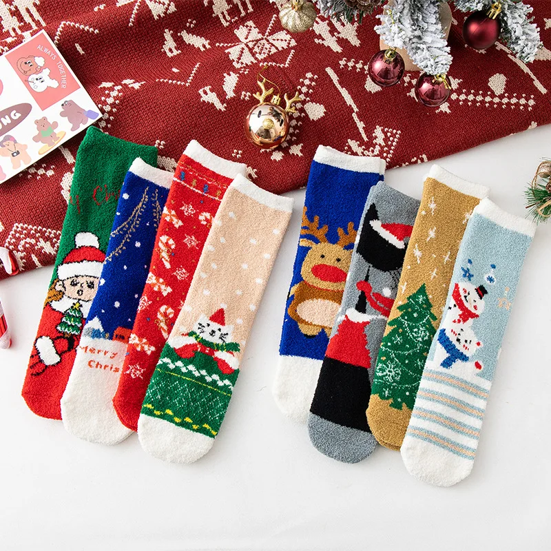 Autumn and Winter Plush Christmas Socks Cute Coral Fleece Sleeping Home Warm Floor Socks candy color socks warm socks plush socks female coral fleece socks floor socks women