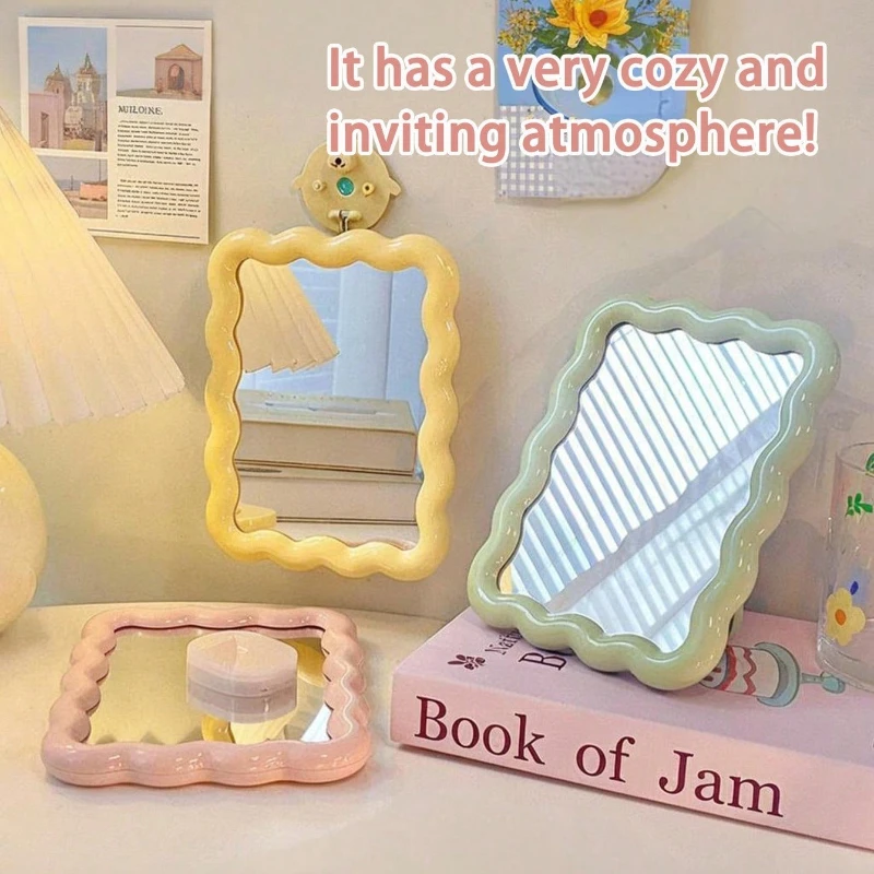Cute Makeup Cream Wave Design Office/Mural Student Dormitory Room Decoration Travel Makeup Accessories Mini Mirror Convenient
