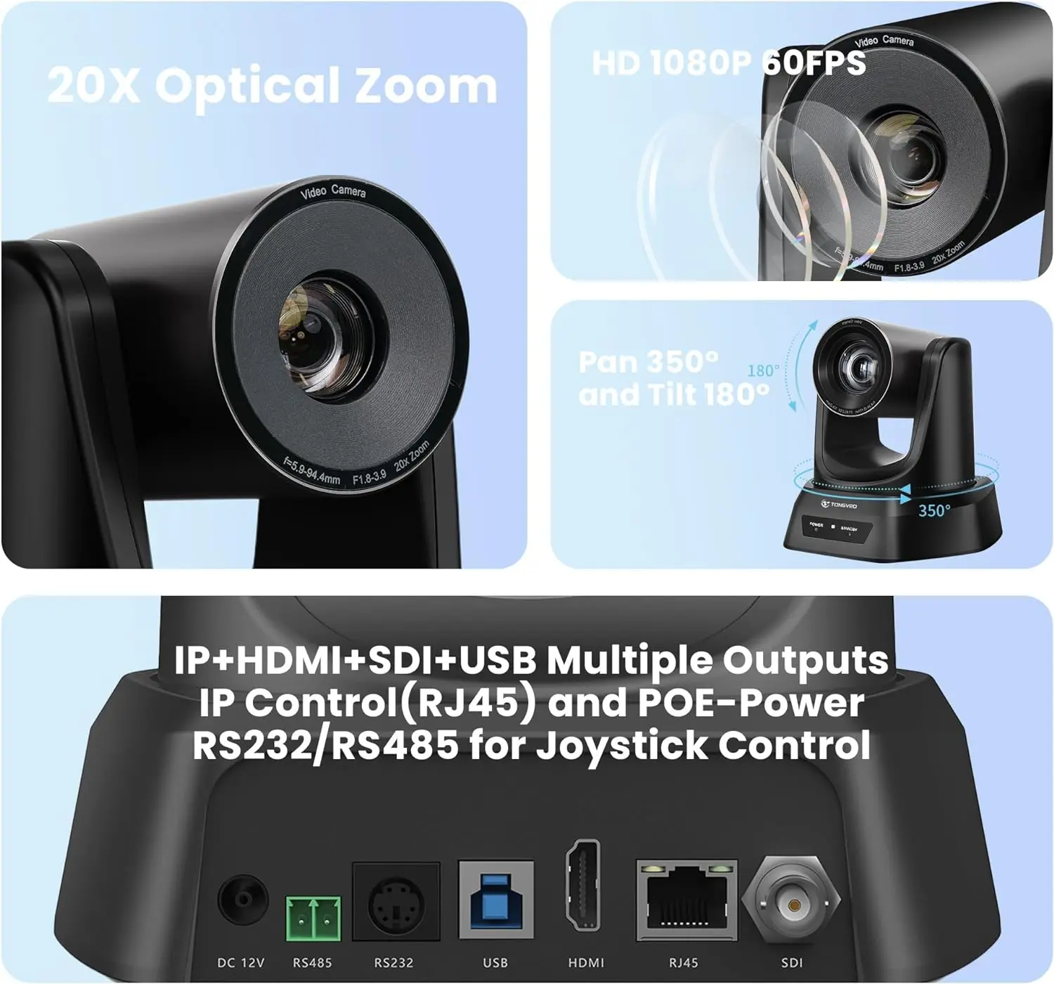 HDMI PTZ 회의 카메라 IP 라이브 스트리밍, SDI USB 1080P 60fps PoE 지원, 교회 예배 교육, 20X 줌