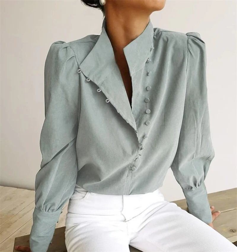 

White Elegant Turtleneck Blouse Long Sleeve White Shirt Office Ladies Top Casual Solid Single-Breasted Puff Sleeve Women Blouses
