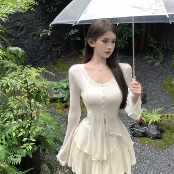 진짜 가격에 진짜 샷 ~ 화이트 카디건 여름 디자인 혼 긴 소매 V 넥 슬림 적합 슬리밍 얇은 선 스크린 셔츠 여성