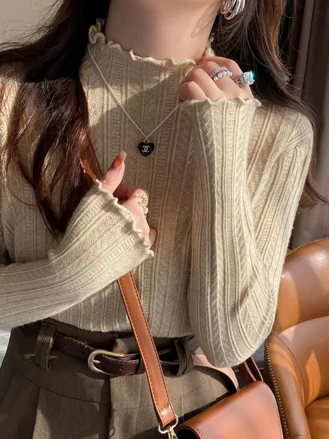 2026 Ruched Turtleneck Women Sweaters Autumn Winter Warm Pullover Slim Tops Knitted Sweater Jumper Soft Pull Female 2