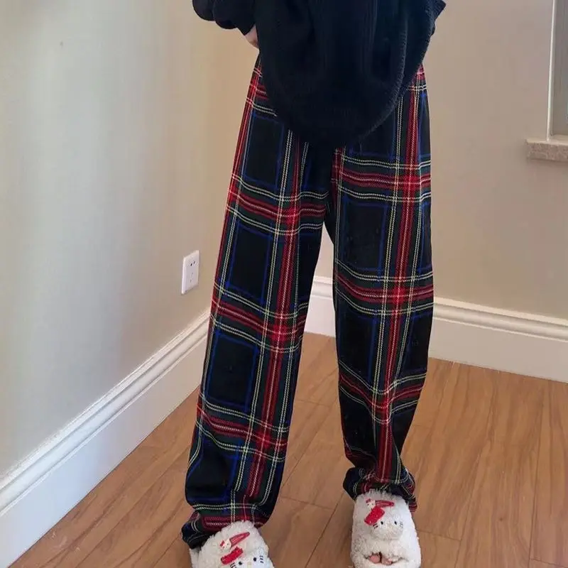 Padded Thickened Wide Leg Pants Winter LambswoolPlaid Pants Female High Waist Casual Straight Pants 2