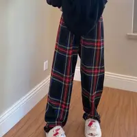 Padded Thickened Wide Leg Pants Winter LambswoolPlaid Pants Female High Waist Casual Straight Pants 2