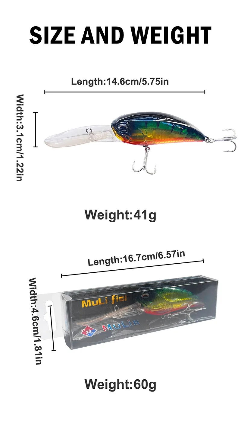 Kurbelköder, 41 g, 14,6 cm, lange Zunge, Kurbel-Wobbler, schwimmende Angelköder, künstliche harte Köder, Tauchen, molliger Bass, Hecht – Detail 9