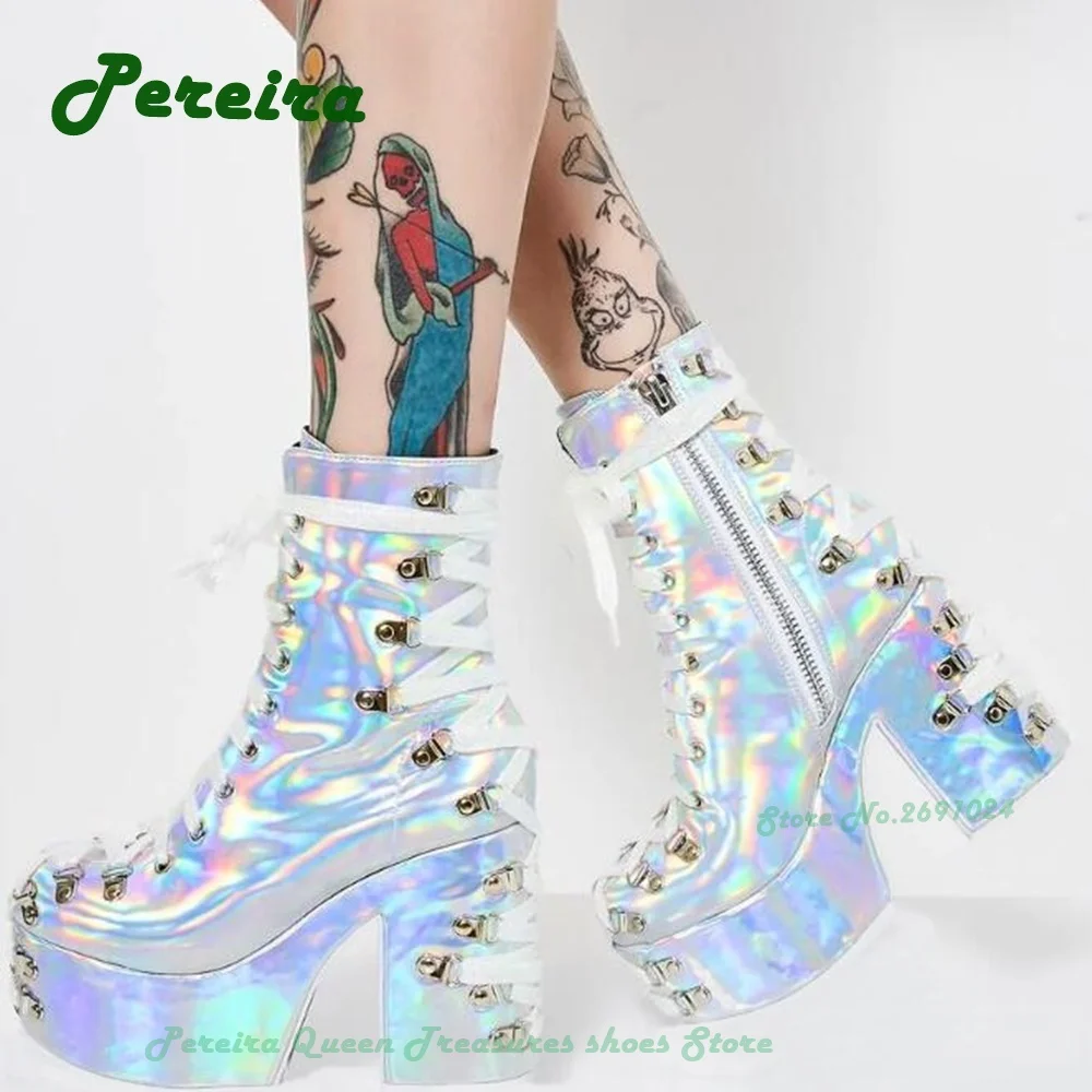 

Laser Platform Cross Tied Ankle Boots Round Toe Chunky Heeled Lace Up Women's Short Booties Side Zipper Big Szie 46 Cute Lolita