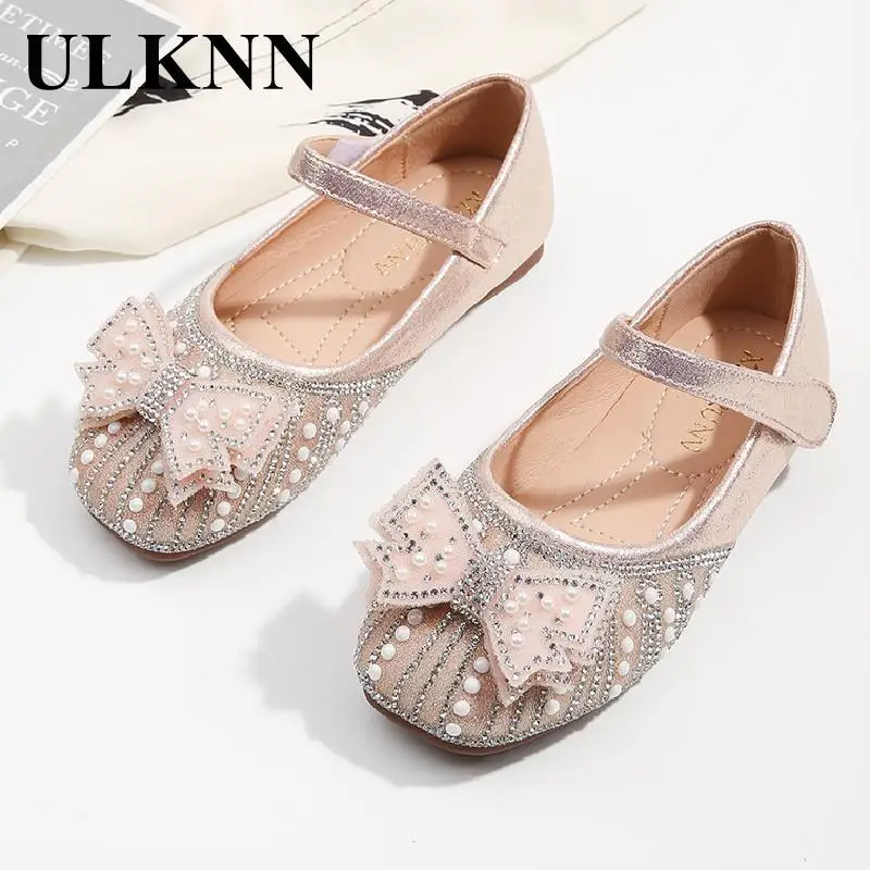 ULKNN Kids Summer Flats Child Pink Wedding Flower Girl Shoes Crystal Princess Singe Shoes Pearl Teen Party Footwear 4-16Y Girl