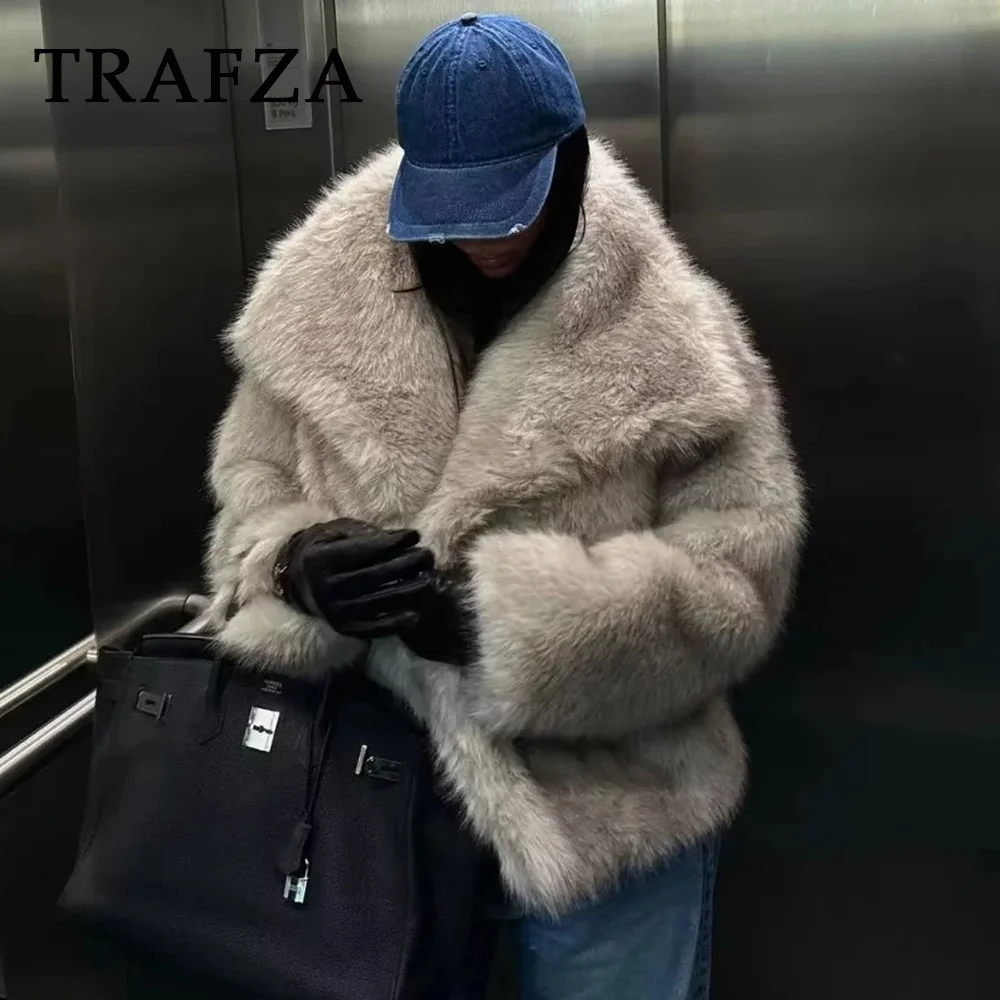 TRAFZA 2025 Autumn Winter Women Casual Faux Fur Jackets Fashion Streetwear Solid Oversized Turn Down Collar Elegant Thick Coats 5