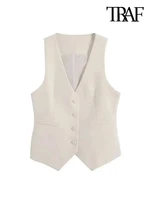 TRAF Women Fashion Front Button Fitted Waistcoat Vintage Sleeveless Welt Pockets Female Outerwear Chic Vest Tops 1