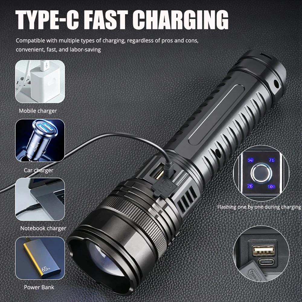 10000LM 800W Most Powerful Led Flashlights Tactical 15000mah Built-in Battery Flash Light Emergency Spotlights 4km Holiday Gifts 2