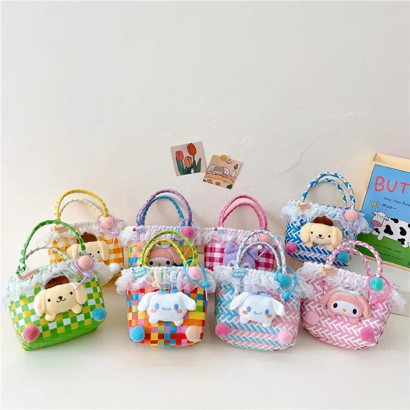 

Anime Sanrio Pvc Woven Bag MyMelody Cinnamoroll Kuromi Cartoon Kawaii Cute Handbag for Children A Birthday Present for A Child