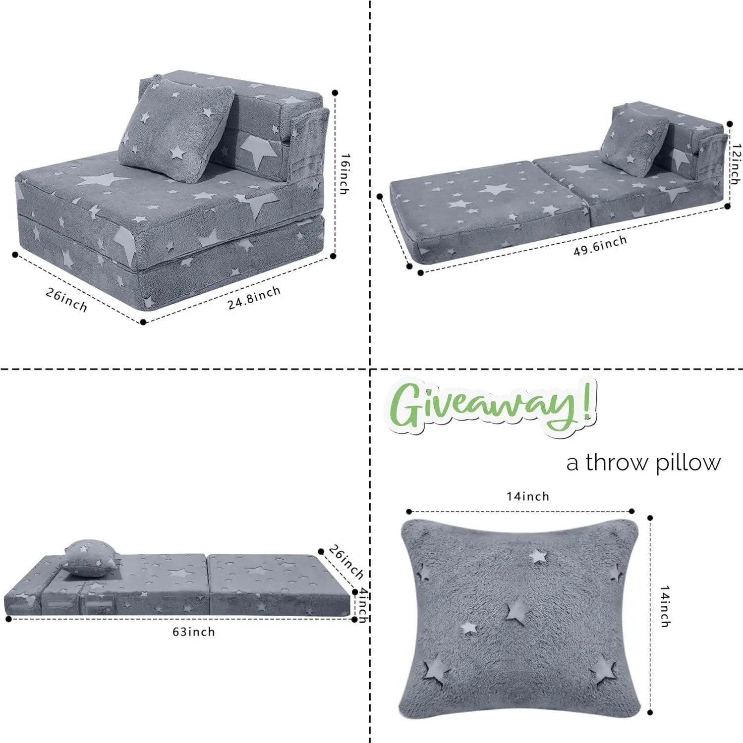 Glow Star Pattern Tri-Fold Sofa Bed for Kids, Foldable Futon Chair and Floor Couch, Convertible Trifold Mattress for Playroom