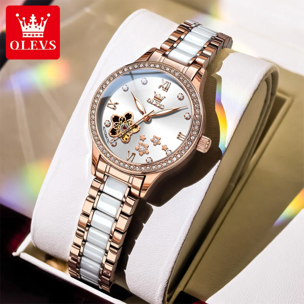 OLEVS 7074 Automatic Mechanical Watch For Woman Elegant Ceramics Steel Strap Hollow Flower Diamond Bezel Luxury Women's Watches