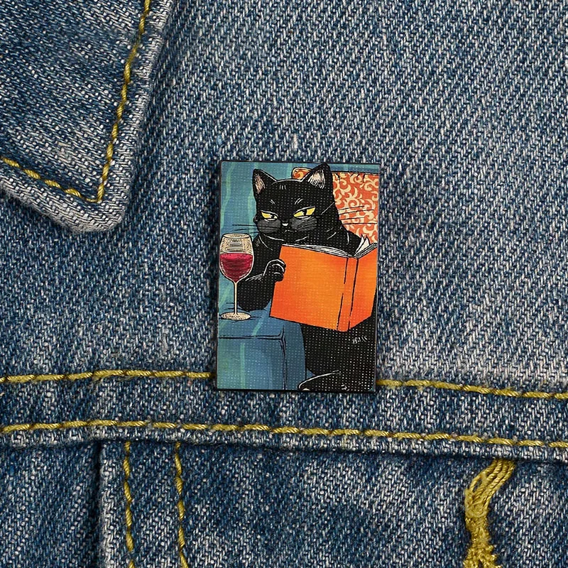 Pin con estampado de gato para lectura de libros, broches vintage personalizados, camisa, solapa, bolsa de maestro, insignia bonita, alfileres de dibujos animados para amante y Niña