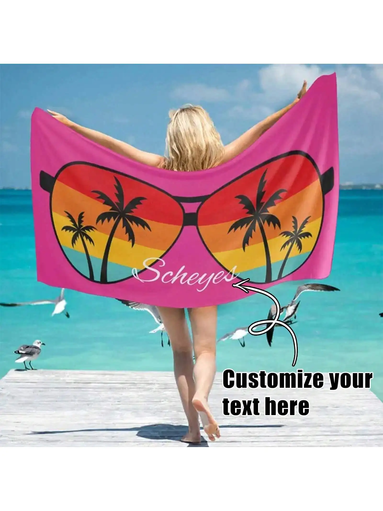 Bohemian Style Customizable Beach Towel with Unique Glasses And Palm Tree Design for Beaches Pools And Travel Picnics