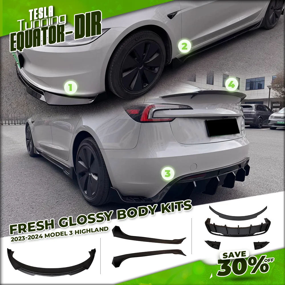 

Tesla Body Kit For Model 3 Highland Glossy Black Carbon Rear Diffuser Side Spillter Spoiler Bumper Lip 2023-24 Fresh Aero Tuning