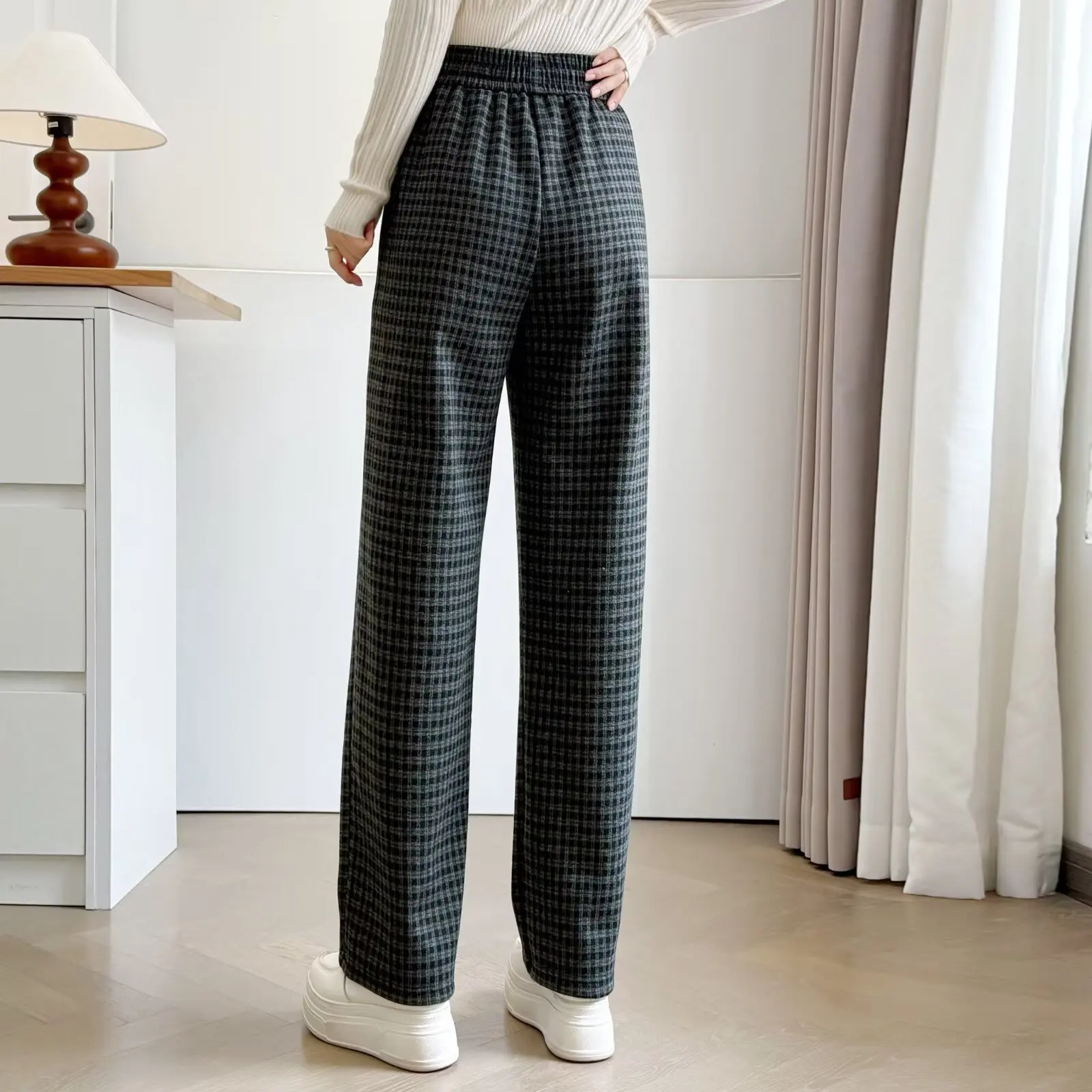 XXXXL Fashion Plus Size Women's Straight Leg Pants 2025 Winter New Style Simple Fleece Warm Retro Plaid Ankle-Length Trousers