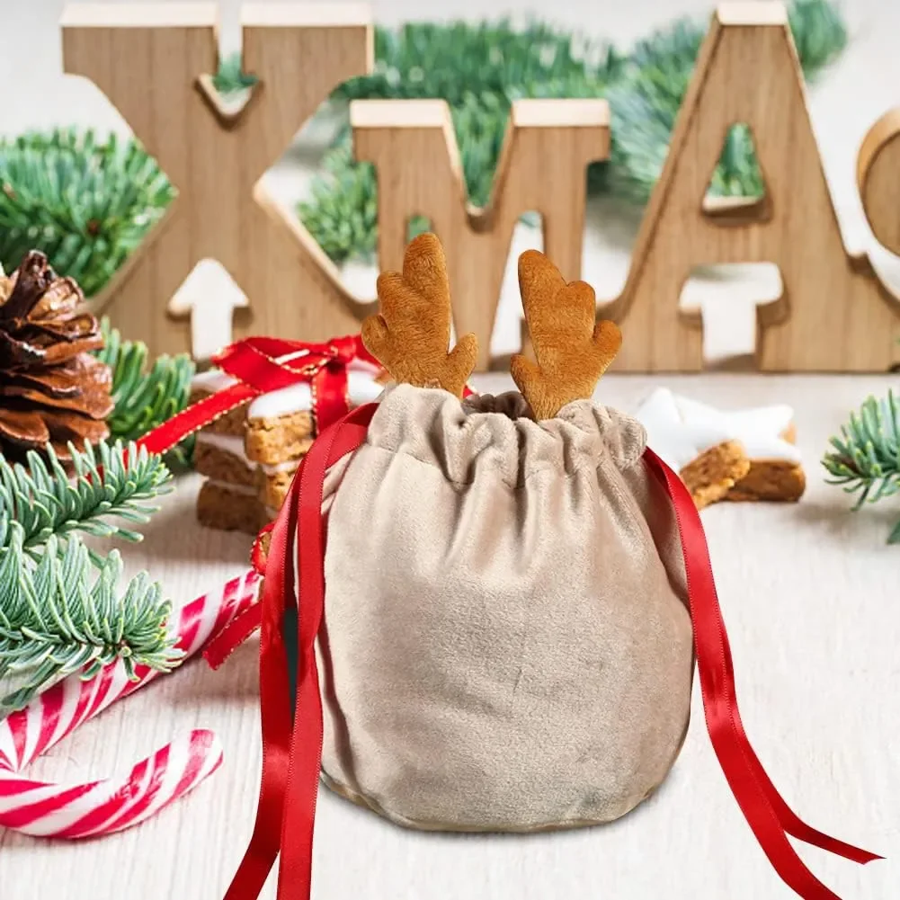 5/10 Christmas Reindeer Drawstring Gift Bag Reusable Velvet Santa Claus Candy Gift Bag Party Decoration velvet gift bags christmas gift bags gift bags christmas candy packaging