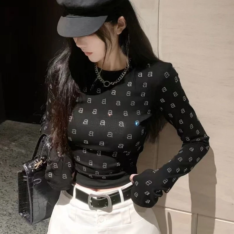 AW Wang Diamond A Letter O-neck Long Sleeve Black Slim T-shirt For Women Crop Top Tshirts Star Girl Y2k Short Stich Tees Clothes