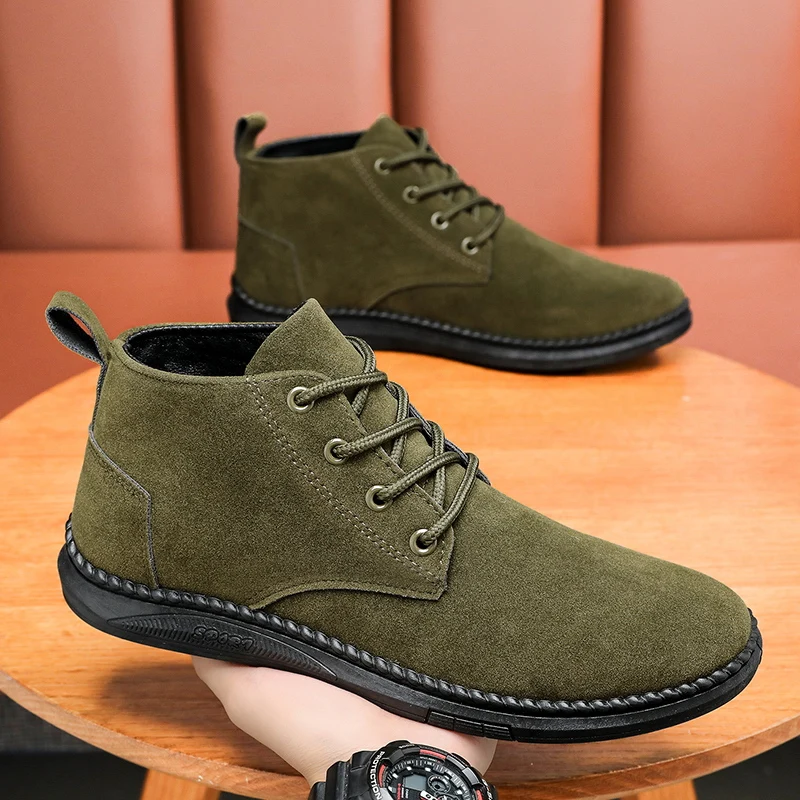 Black Flat Bottom Short Boots Men's Chelsea Boots High-quality Brand Denim Boots High Top Casual Board Shoes Men's Lace Up Suede