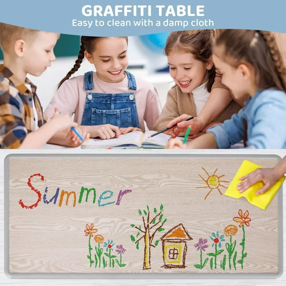 Kids Study Table and 6 Chairs Set, Height Adjustable Graffiti Table, Preschool Activity Art Craft Table for 6, Multifunctional 3