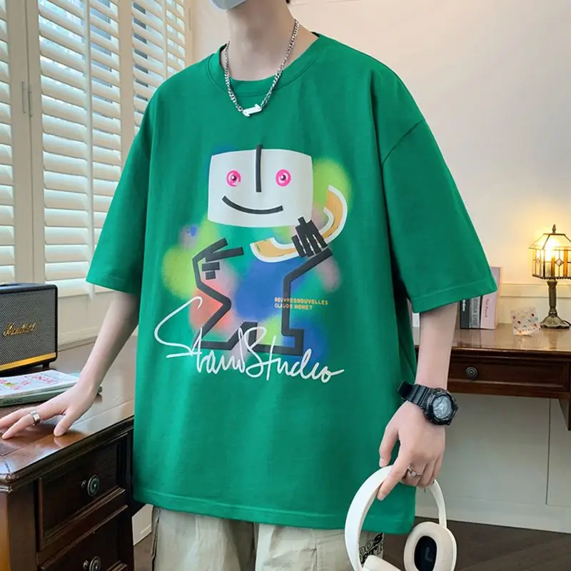 

EBAIHUI Fun Printed Men's T-shirt Summer Loose Round Neck Male Short Sleeve T Shirt Preppy Style Hong Kong Style Top