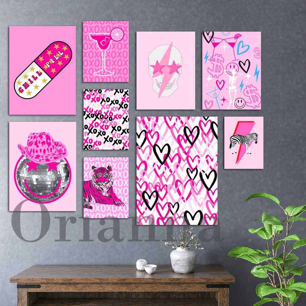 Pink Xoxo Tiger Hearts Cowboy Disco Ball Smiley Skull Zebra Skeleton Lightning Martini Chill Pill Glitter Preppy Print Poster