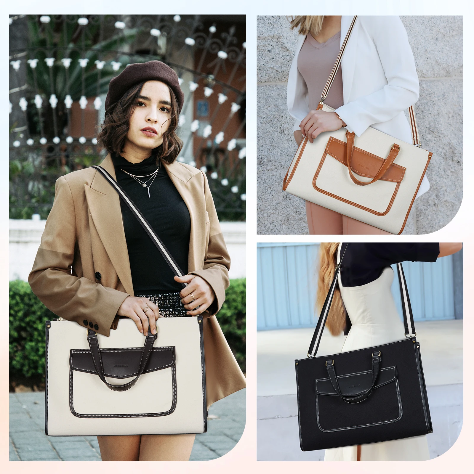 Missnine-canvas Laptop Bolsa para Mulheres Maleta Feminina Bolsa de Ombro Bolsa de Trabalho Laptop Bolsa Adequado para Viagens Escritório Casual 15.6 Polegada - Imagem 6
