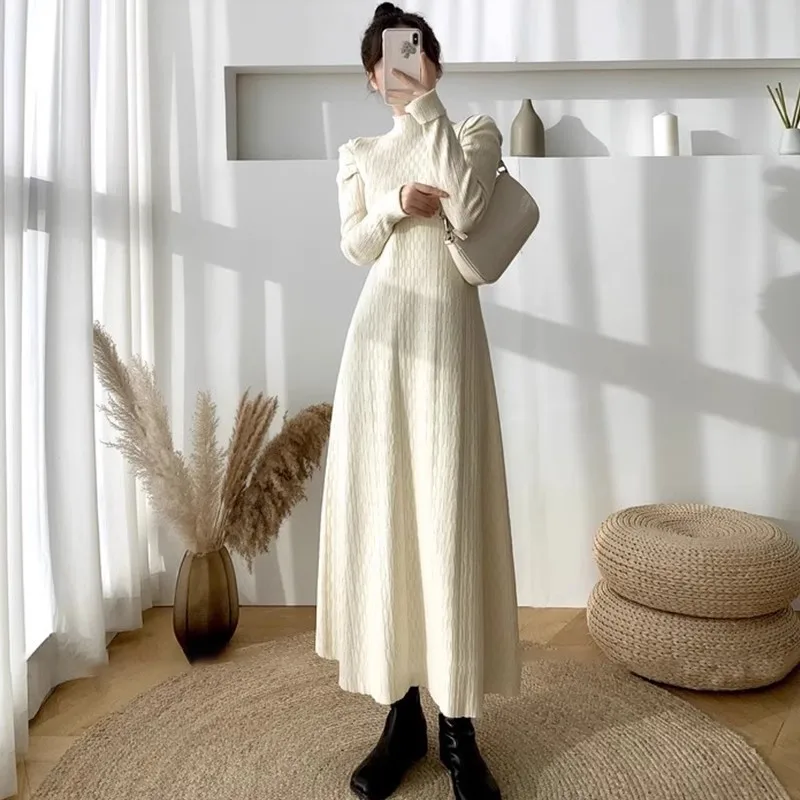 

Autumn and Winter Women's Bottoming Sweater Dress Long Section Slim Temperament High-waisted Half-high Neck Knitted Dress Long S