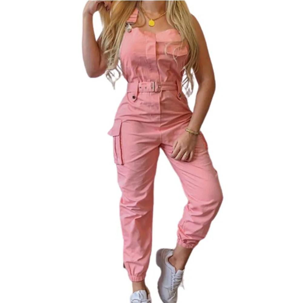 Lady Pink Jumpsuits Casual Sleeveless Polyester Ankle Tied Cargo Jumpsuits For Working Overall Jumpsuits OUFY-689