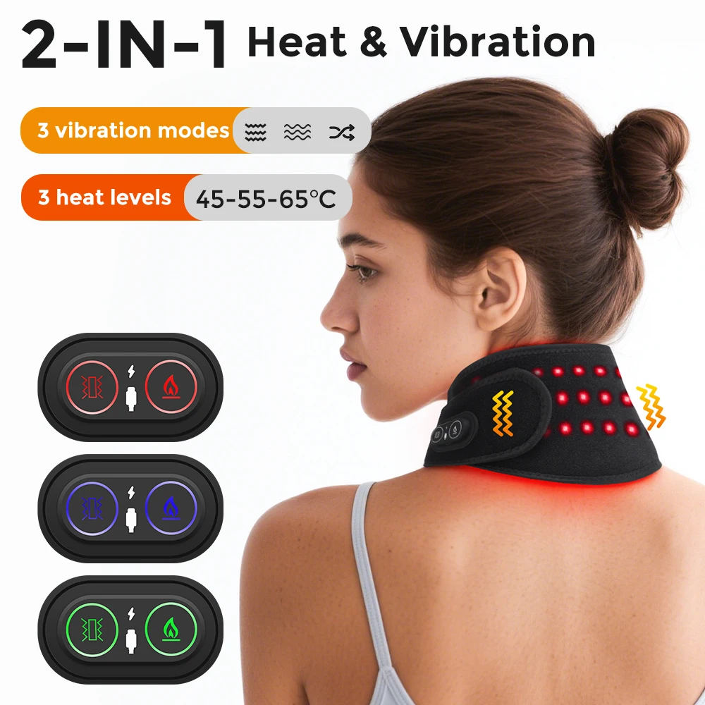 Cordless Heated Neck Wrap Electric Vibration Heating Massage Pad Red Light Cervi