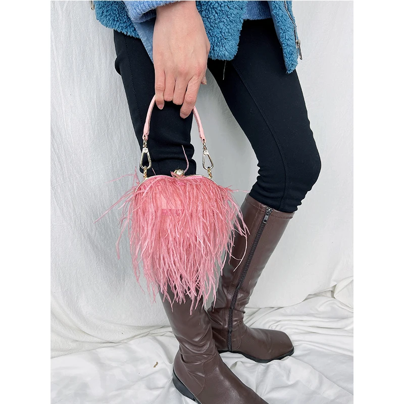 Ostrich Feather Heart Shaped Party Clutch Evening Bag for Women Luxury Banquet Bag Female Purses and Handbags Chain Shoulder Bag