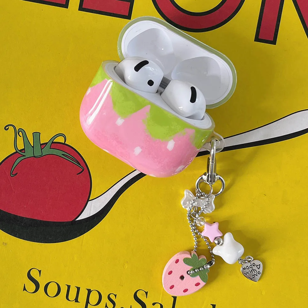 Chic Pink Strawberry Polka Dot Shockproof AirPods Case with Charm Pendant