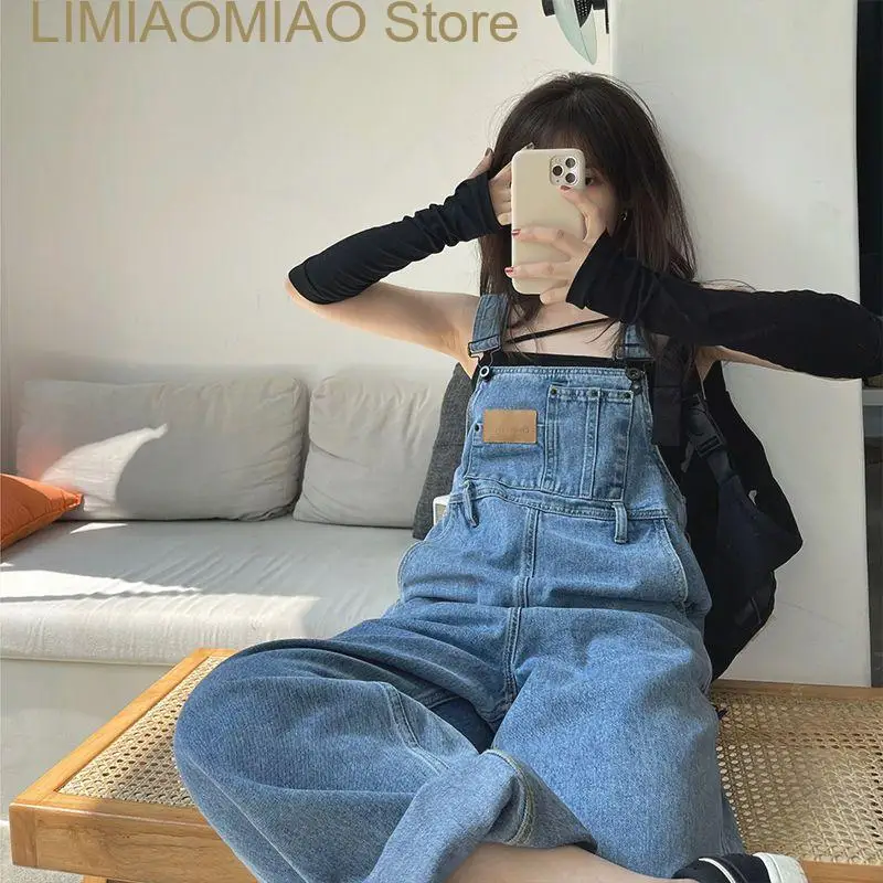 New Loose Denim Pant Women Preppy Style Wide Leg Jeans Fashion Straight Pockets Summer Blue Overalls Ankle-Length Pants