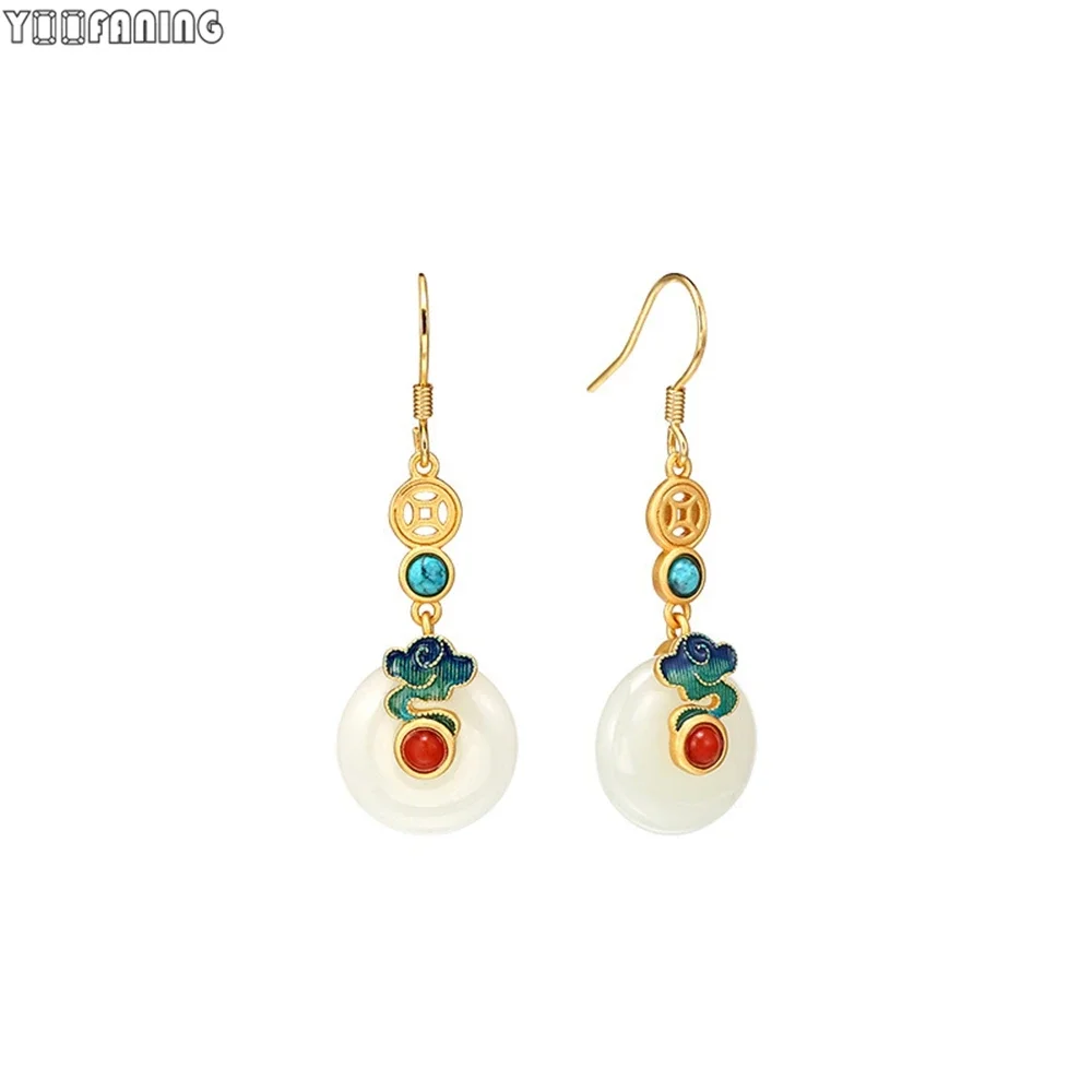 925 Sterling Silver Ear Needle Chinese Wind Hoop Earrings Pendant Jade Enamel Ancient Method Gold Earrings for Women Jewelry 2