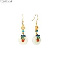 925 Sterling Silver Ear Needle Chinese Wind Hoop Earrings Pendant Jade Enamel Ancient Method Gold Earrings for Women Jewelry 2