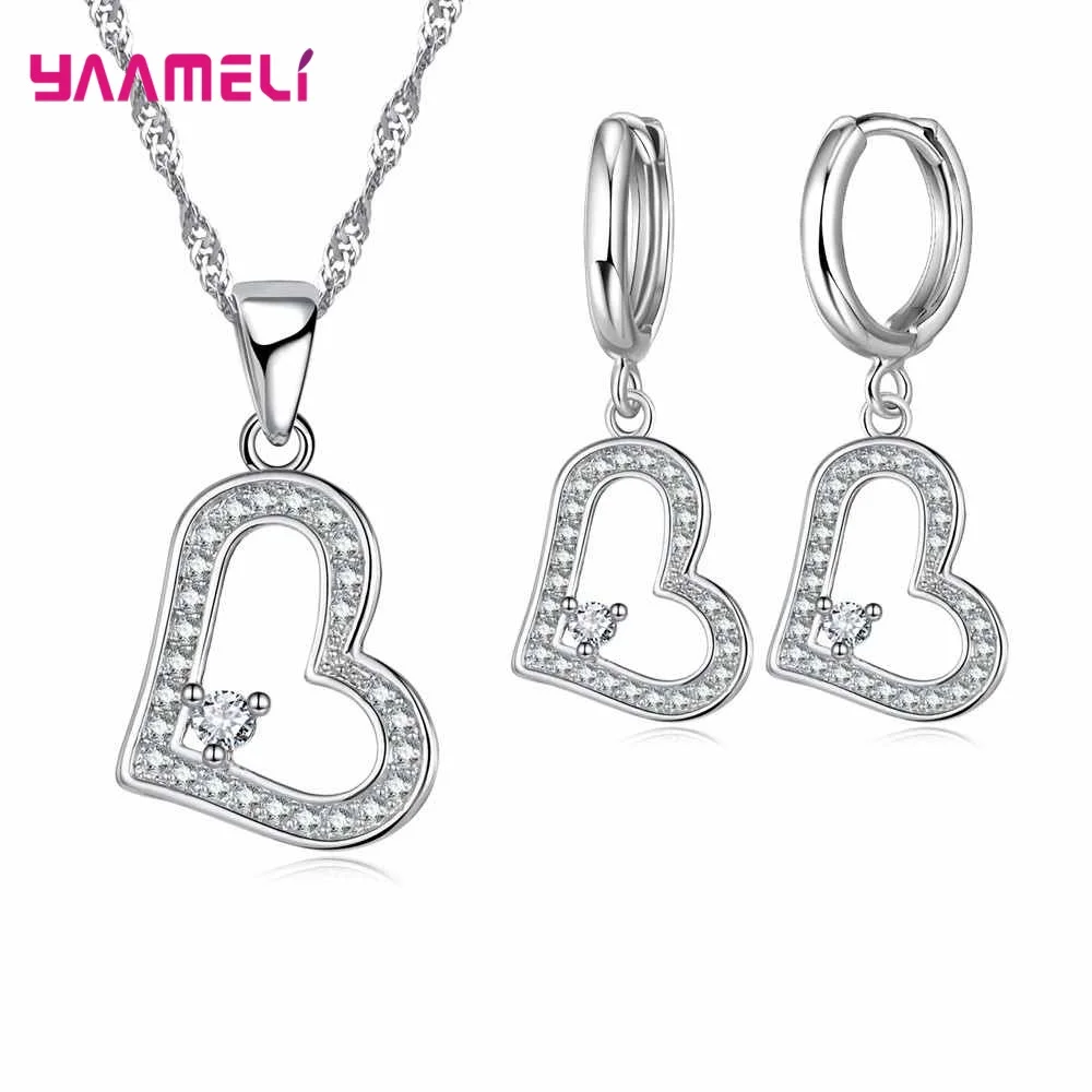 925 Sterling Silver Crystal Flower Square Pendant Necklace Earrings Jewelry Set For Women Girls Wedding Engagement
