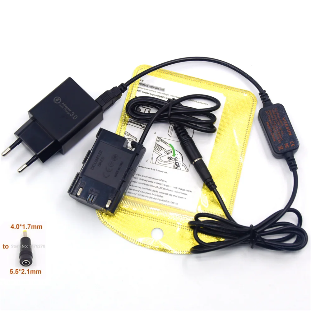 Power Bank USB Cable+DR-E6 DC Coupler LP-E6 LP-E6N Fake Battery+Quick Charger for Canon EOS 60D 70D 5D2 6D 7D 5D Mark II III 5D3