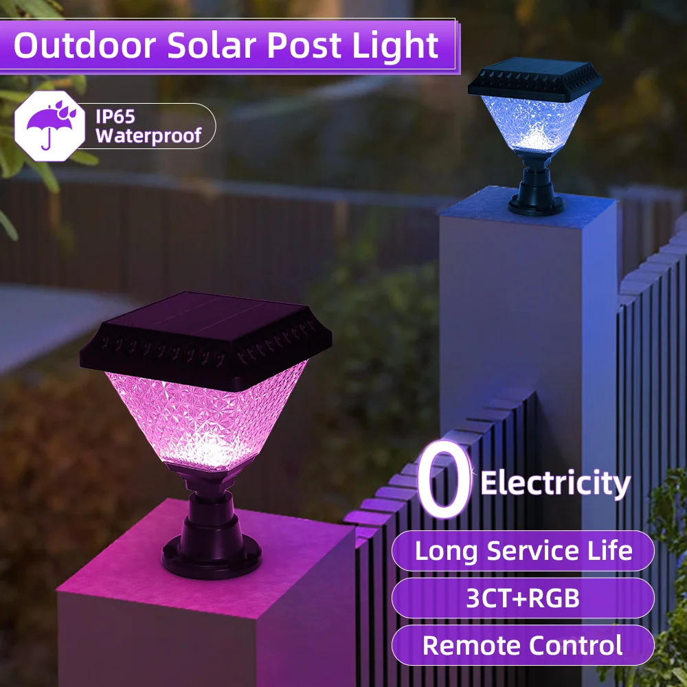 LED Solar Pillar Light Waterproof Solar Lights Outdoor Timed Remote Control Garden Sunlight for Fence Pathway Outdoor Decor Lamp