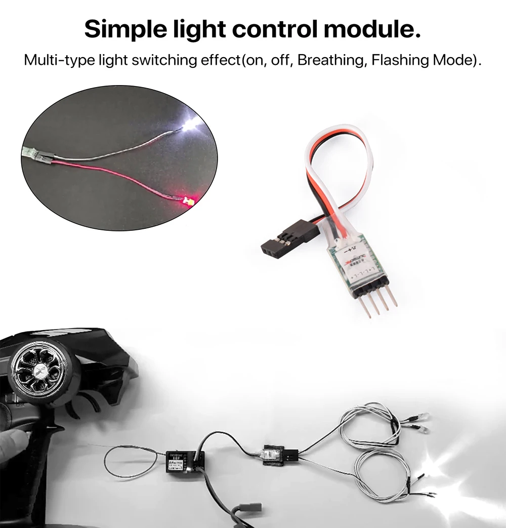 Contrôleur de lumière RC DUMBORC installé dans une voiture RC avec câblage visible