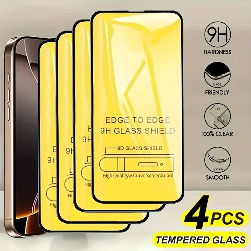 4Pcs Tempered Glass for iPhone 17 16 15 14 13 Pro Max 16e 15 14 Plus Screen Protector for iPhone 12 11 Pro 13 12 Mini XR XS Max