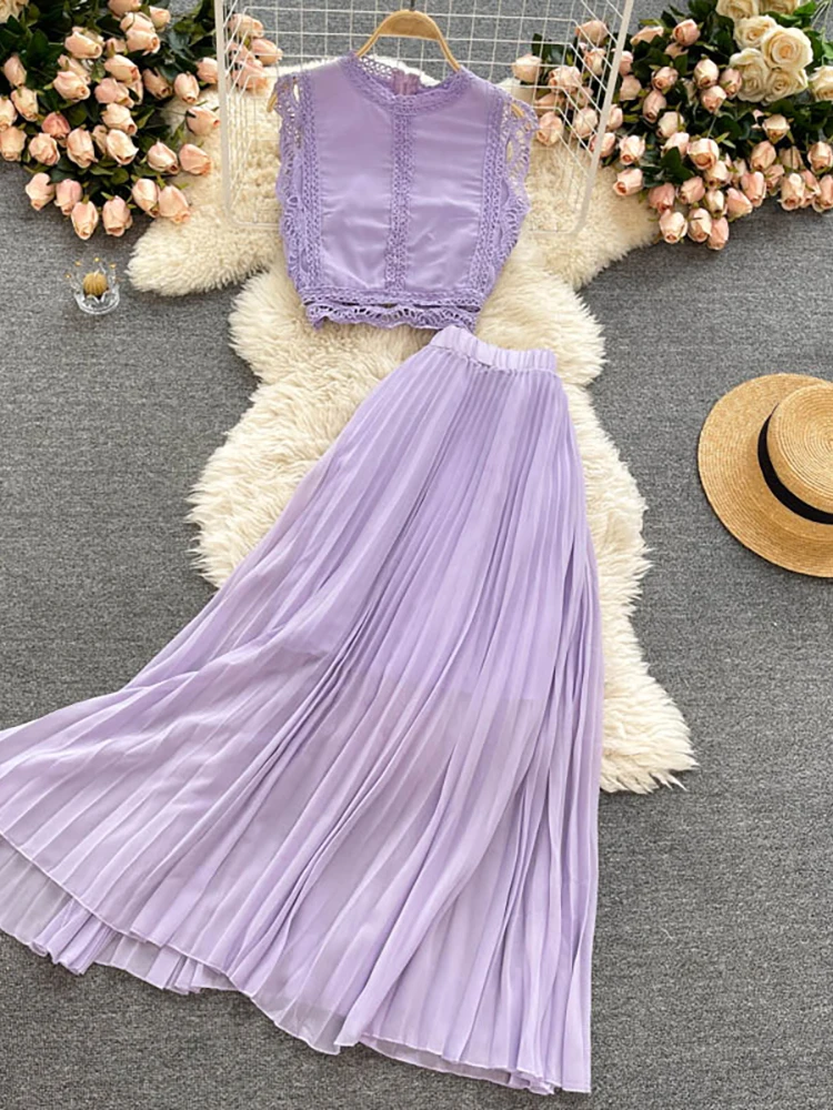 Purple/Yellow/Red Lace Chiffon Two Piece Set Women Vintage Beach  
