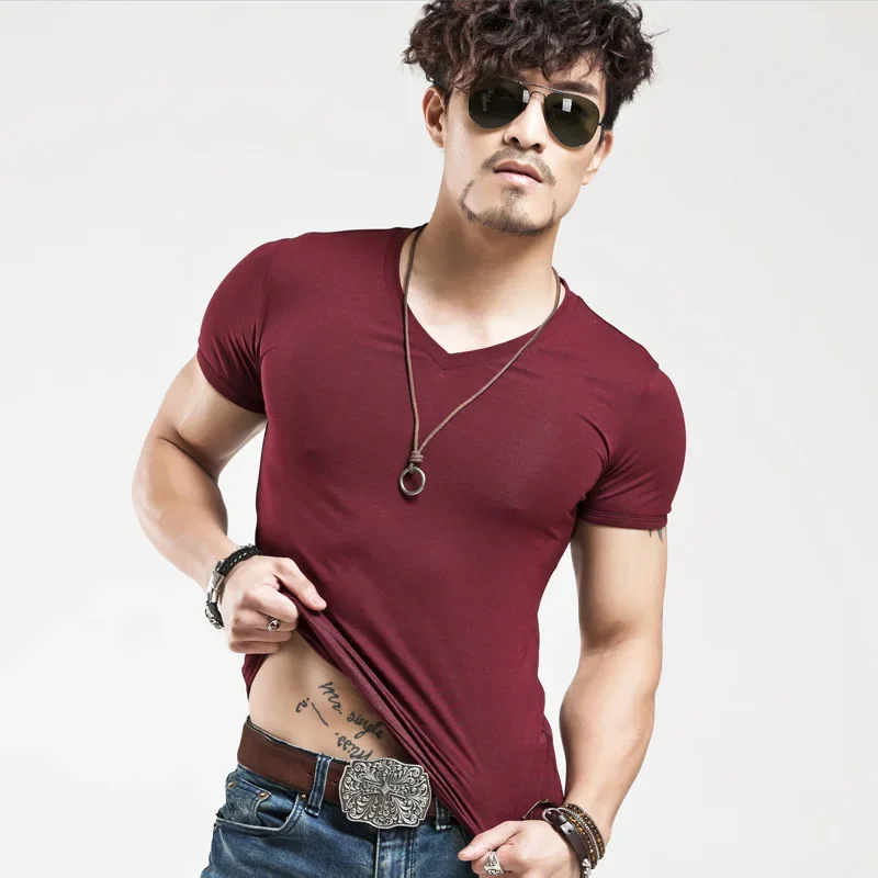 V Neck T Shirt Men 2025 Short Sleeve Tees Fashion Fitness Size 5XL