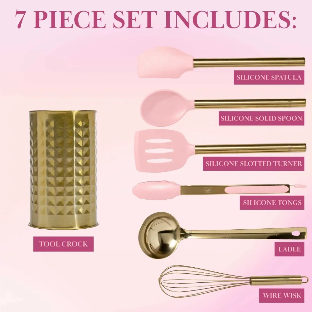 Pink and Gold Kitchen Utensils Set with Holder