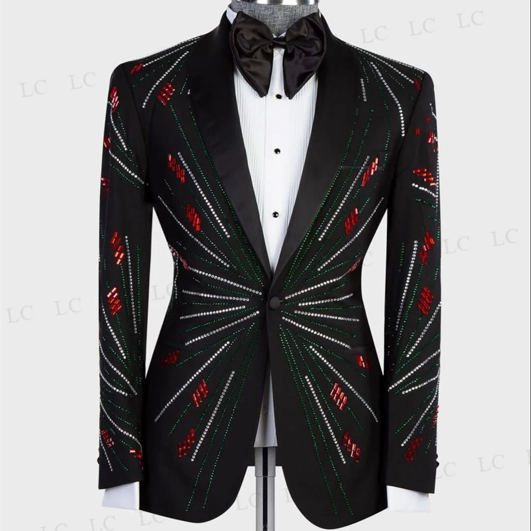 

Sparkly Men Suits One Button 2 Pieces Blazer Pants Beadings Diamonds Party Tuxedo Formal Wedding Groom Plus Size Custom Made