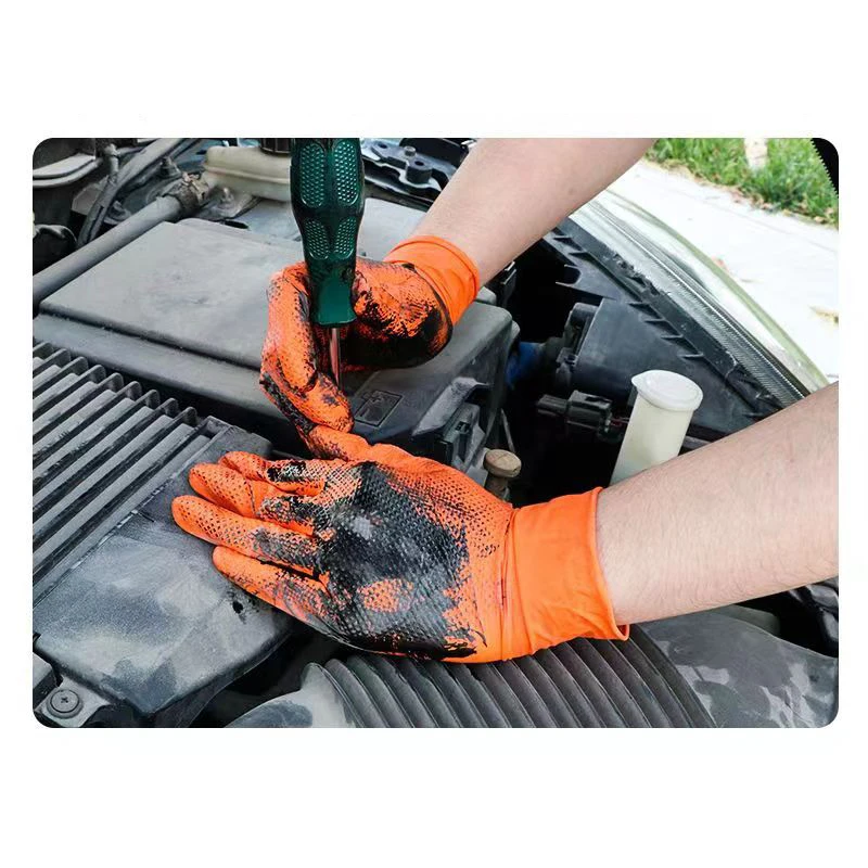 Disposable Gloves Heavy Duty Orange Nitrile Gloves Industrial With Diamond Textured Grip For Mechanic Safety & Work