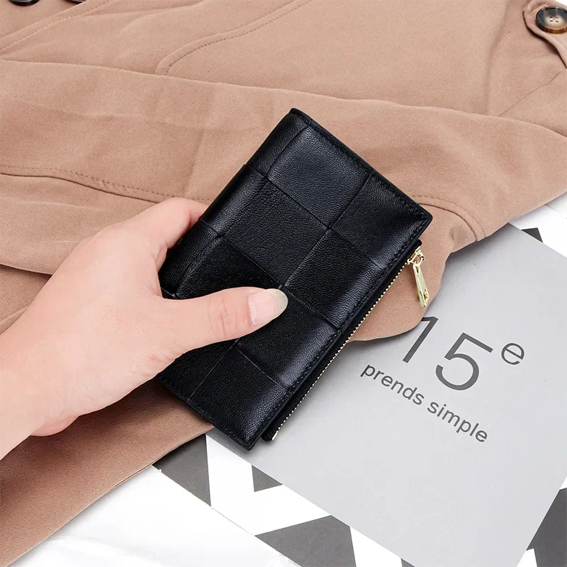 Sheepskin Card Holder Wallet New Multifunctional Women Business Card Organizer Case Box Coin Purse Woven Leather Cardbag